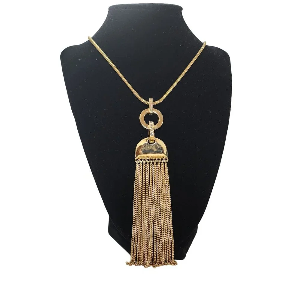 Gold Long Chain Necklace Diamond Accents & Fringe‎ Detail